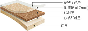悦宝 - 高密度涂层, 耐磨层（0.7mm）, 印刷层, 玻璃纤维层, 底层